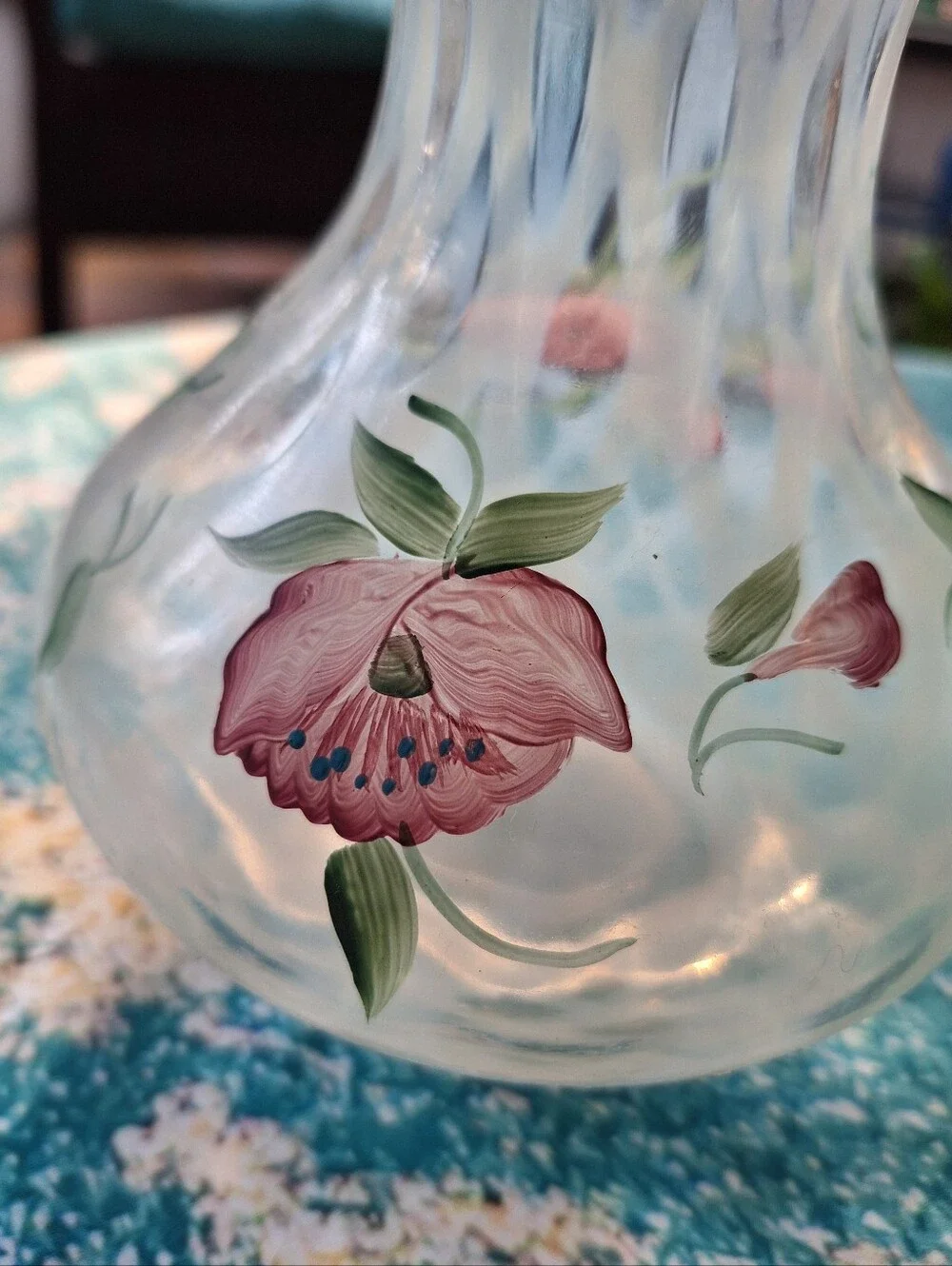 Fenton Vintage Hand-Painted Pink Floral Ruffled Glass Vase